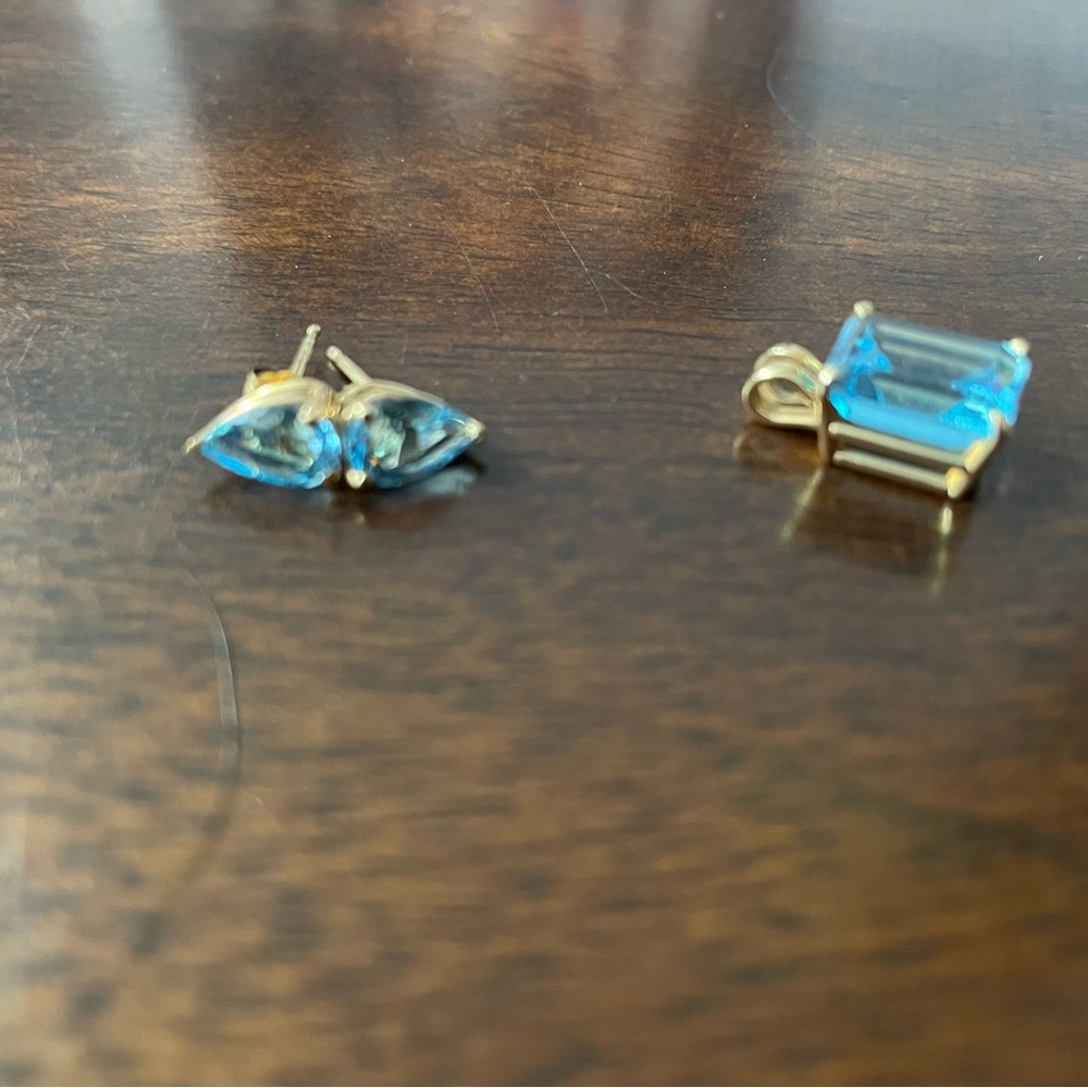 Gold and blue topaz earrings and pendant
